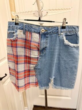POL Plaid & Denim Mini Skirt in Blue and Red